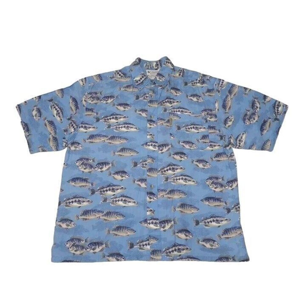 Columbia Men's Large Shirt All Over Fish Button Up Blue Short Sleeve‎